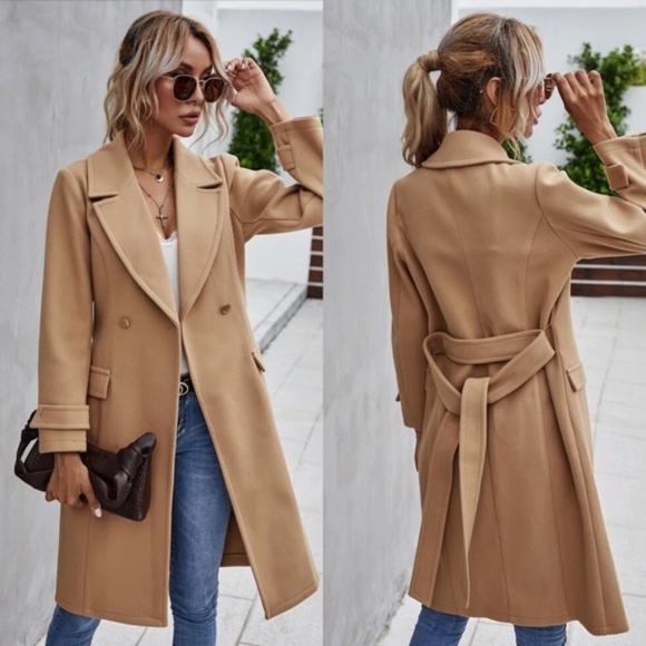 Trench Coat Double Breast Buttons belt pea coat - Picture 5 of 16